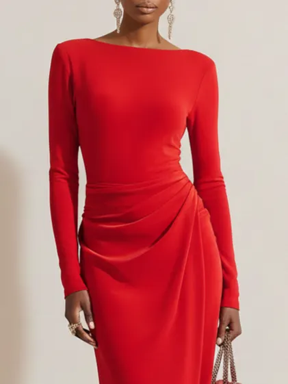 Red Asymmetric Ruched Knit Boat Neck Long Sleeve Sheath Midi Dress