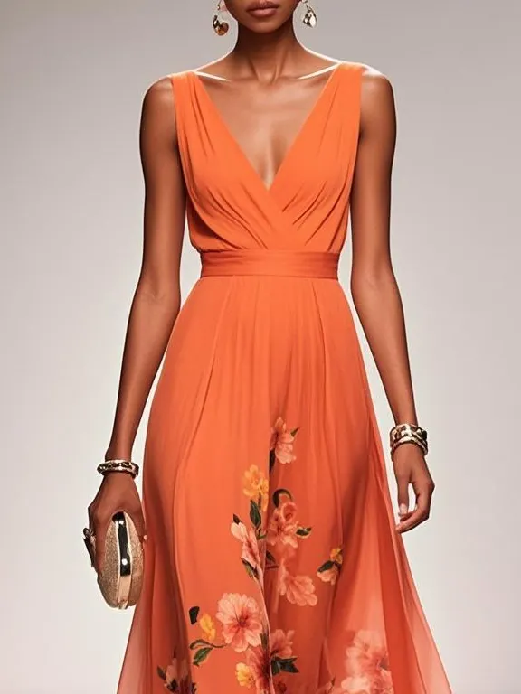 Orange Floral Chiffon V Neck Sleeveless A-Line Maxi Dress - Orange Red