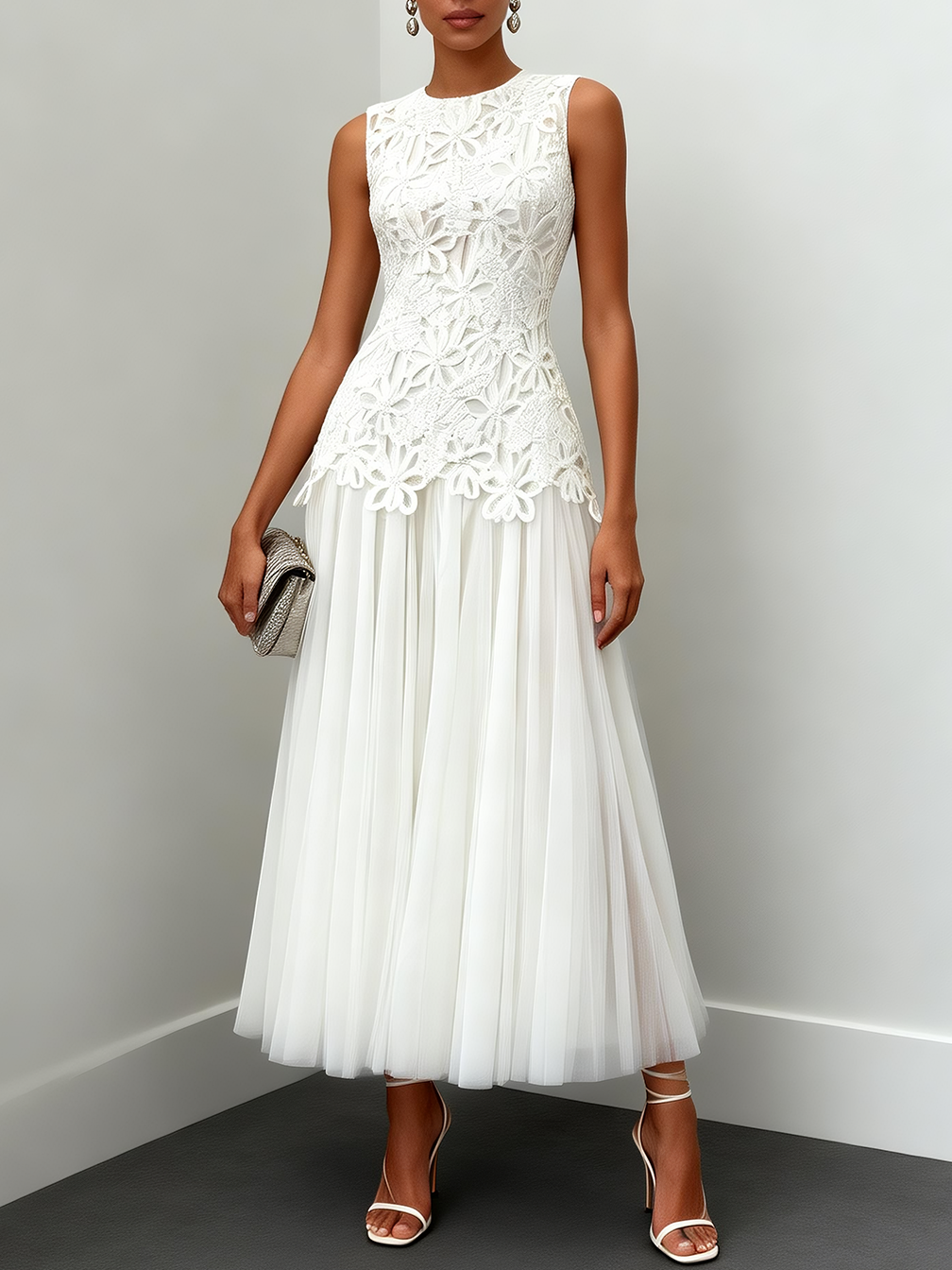 White Lace Classic Crew Neck Sleeveless A-Line Maxi Dress - White