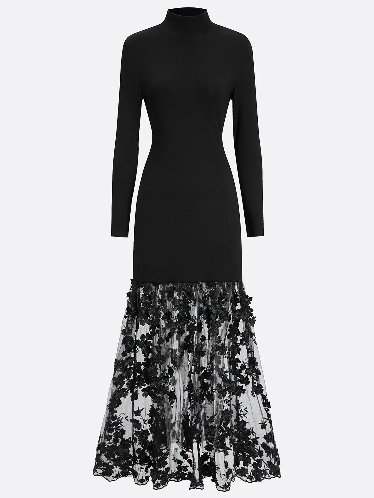 Black Mesh Floral Appliqué Knit Mock Neck Long Sleeve A-Line Maxi Dress