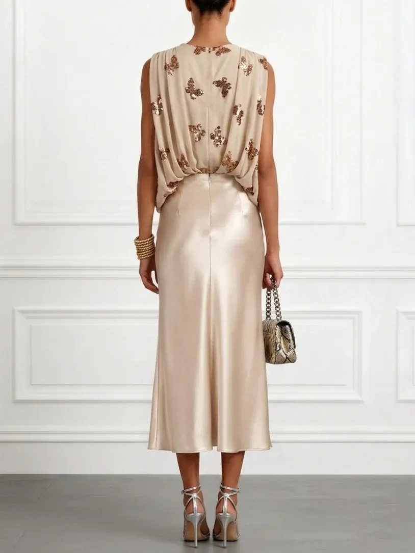Women Champagne Glitter Sequin V Neck Sleeveless Dressy Top With Skirt Two-Piece Set - Champagne