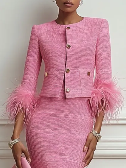 Women Tweed Rose Red Feather-trimmed Buckle Crew Neck Three Quarter Sleeve Dressy Coat With Skirt Two-Piece Set