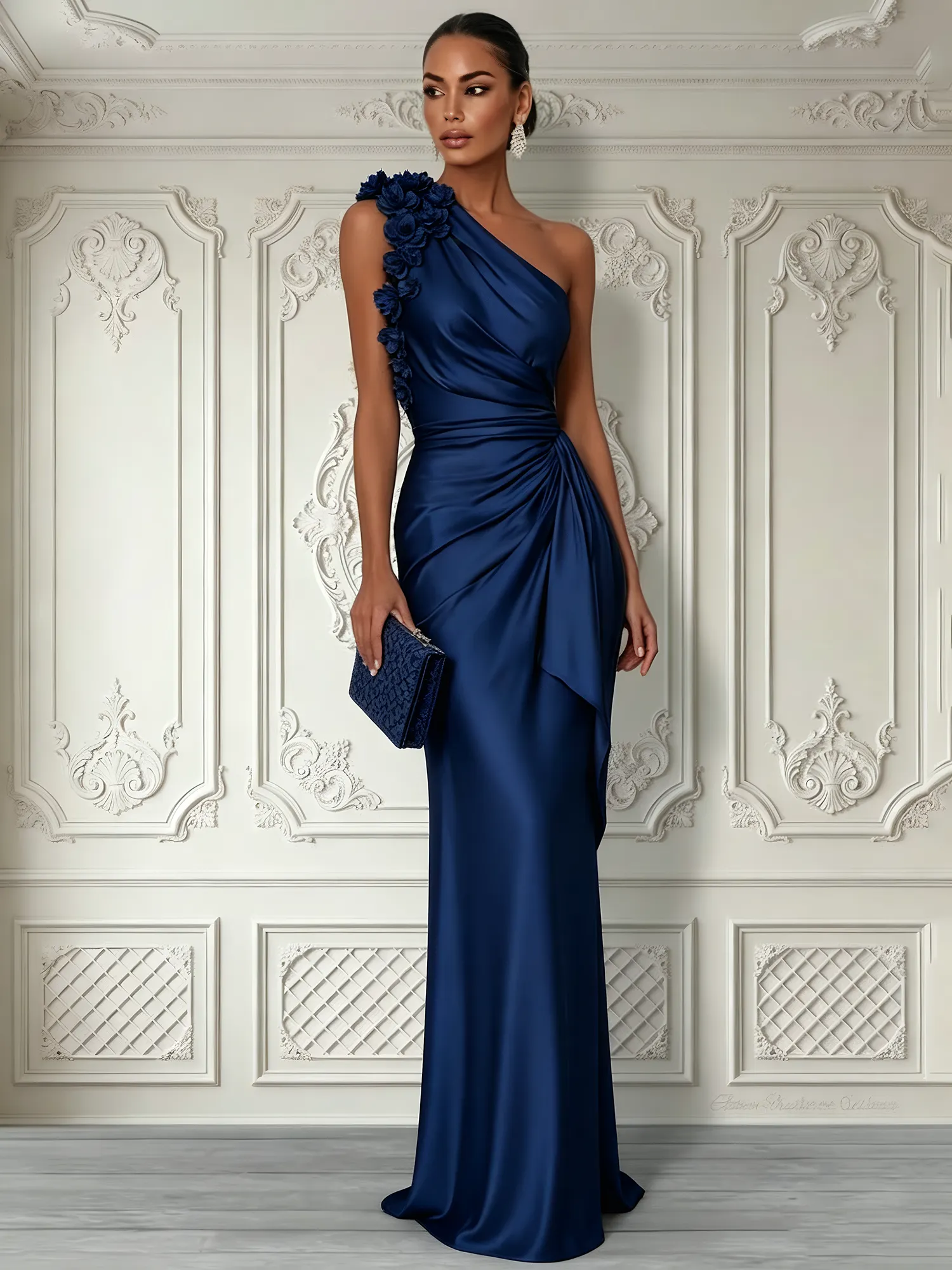 Purplish Blue 3D Floral Ruched Satin One Shoulder Sleeveless Sheath Floor-length Gown Dress