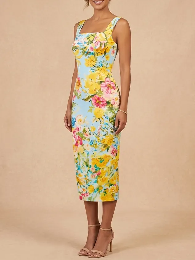 Floral Print Square Neck Midi Dress - Sophisticated Mother of the Bride & Groom Sheath Dress