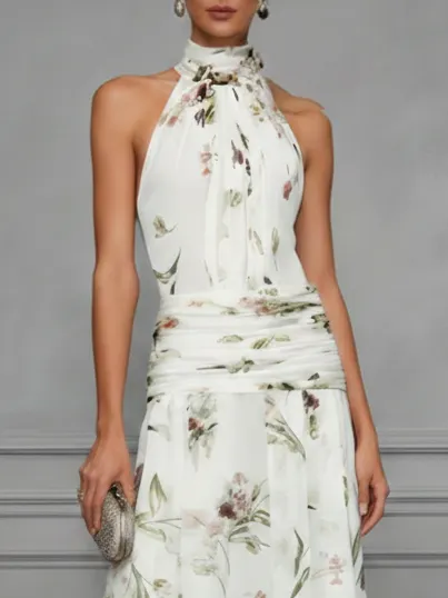 White Ruched Floral Chiffon Halter Neck Sleeveless A-Line Floor-length Gown Dress