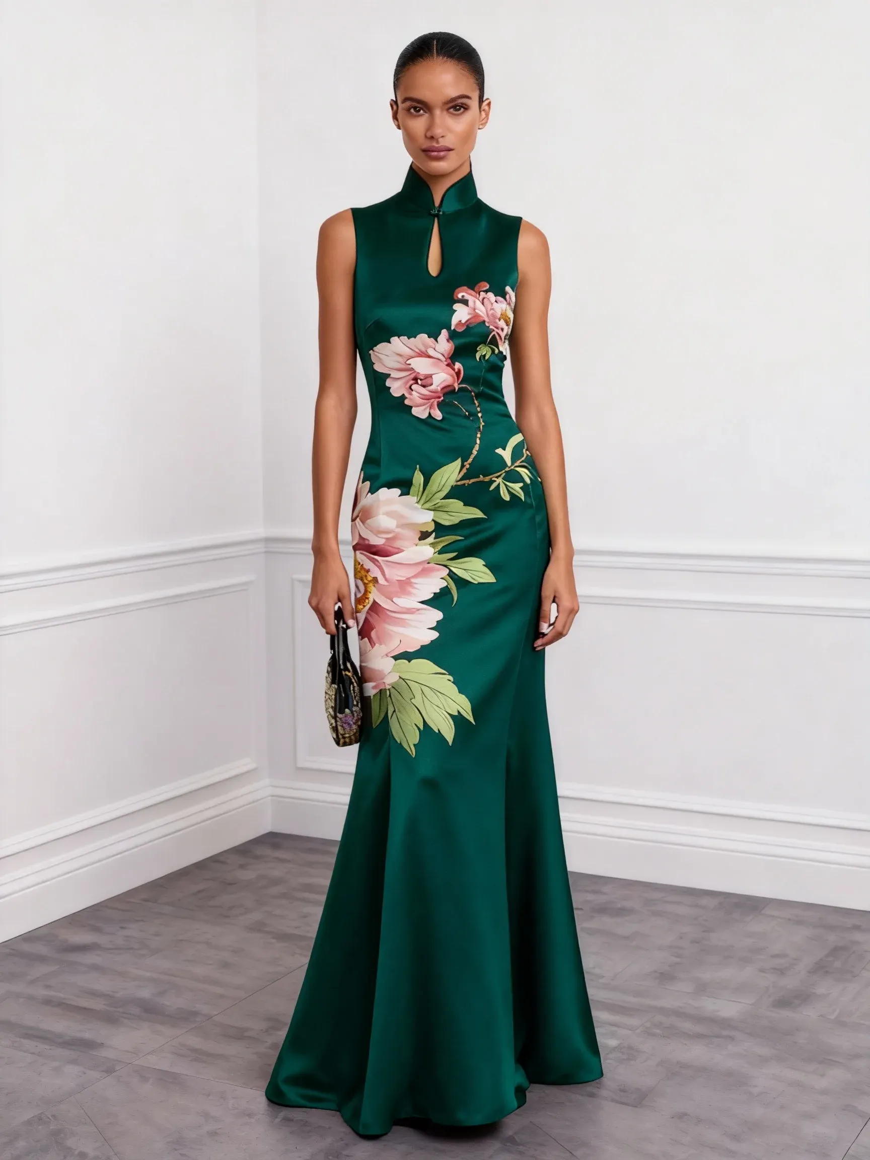 Dark Green Floral Hollow Out Satin Stand Collar Sleeveless Mermaid Gown Dress