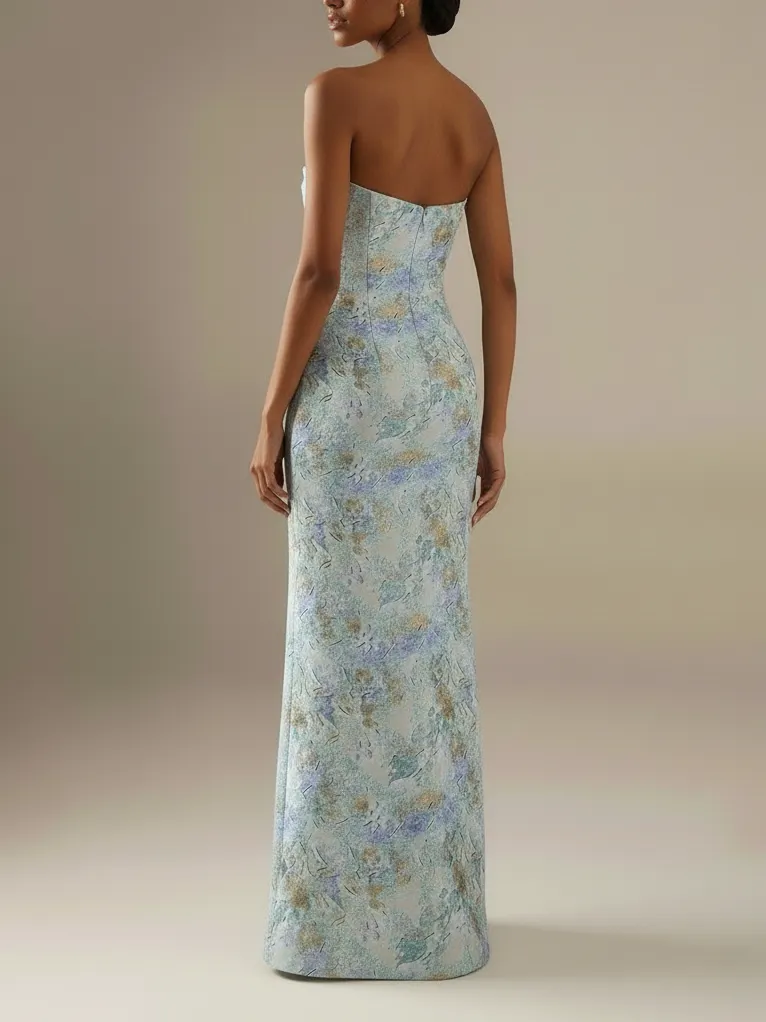 Light Blue Floral Jacquard Satin Strapless Sleeveless Sheath Floor Length Dress
