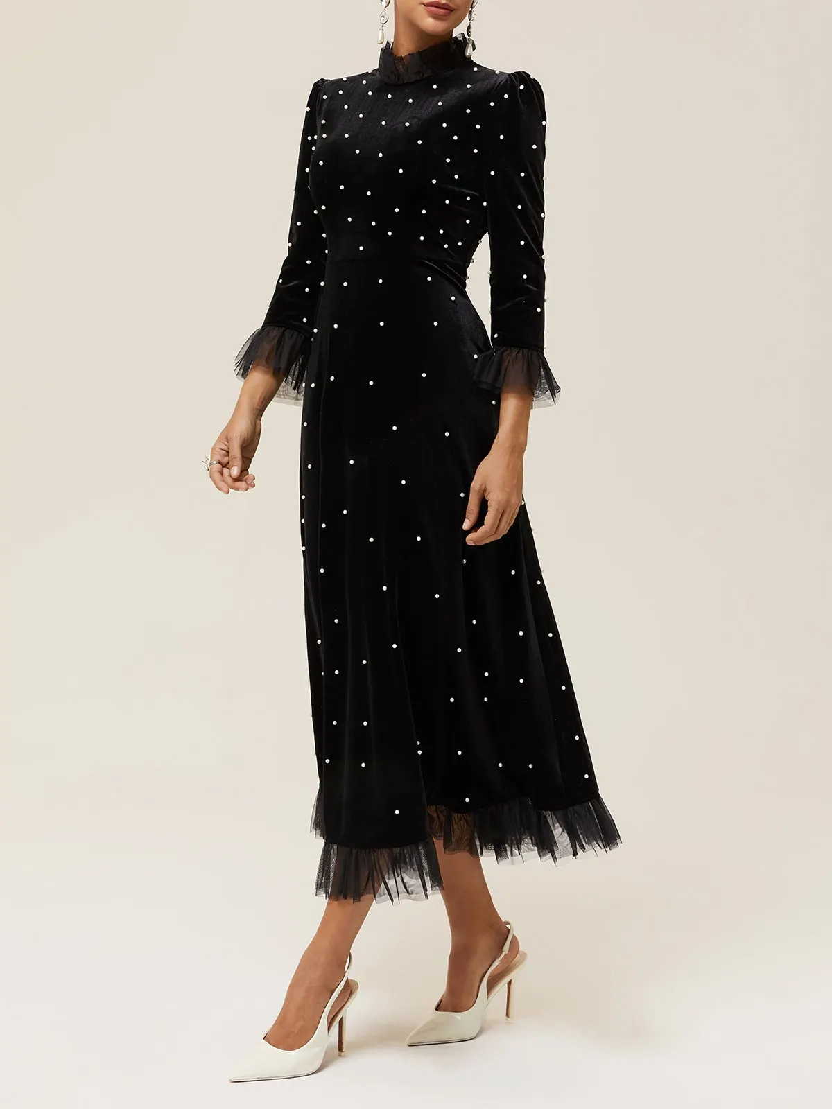 Black Beaded Ruffled Mock Neck Three Quarter Sleeve A-Line Maxi Velvet Dress