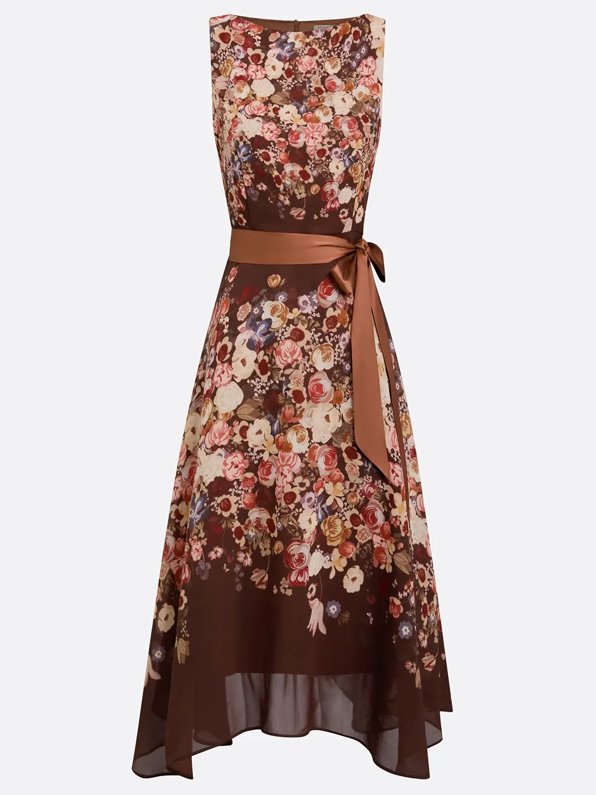 Red Brown Floral Chiffon Crew Neck Sleeveless A-Line Midi Dress