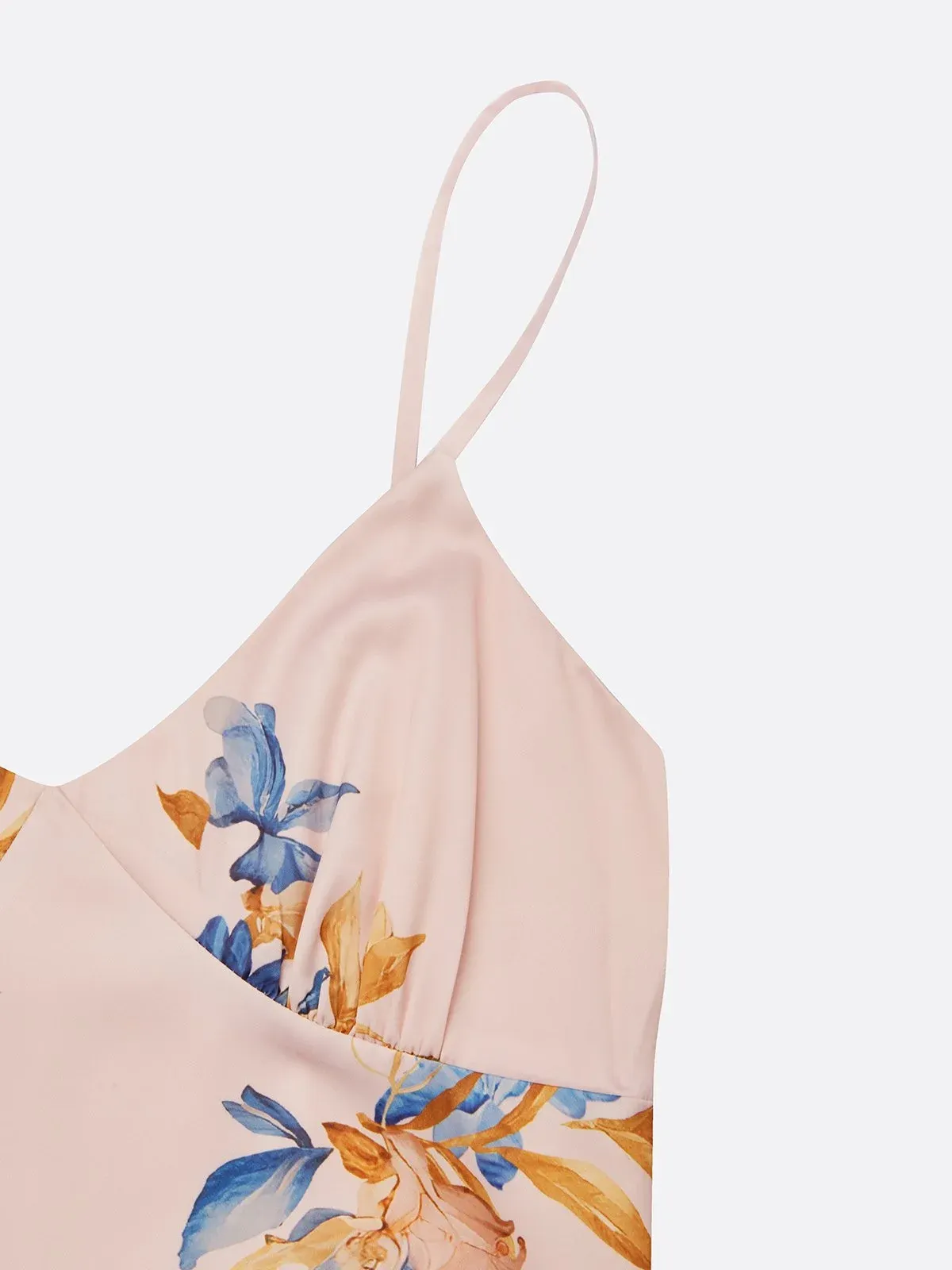 Pink Floral Satin Spaghetti Gallus Mermaid Midi Dress