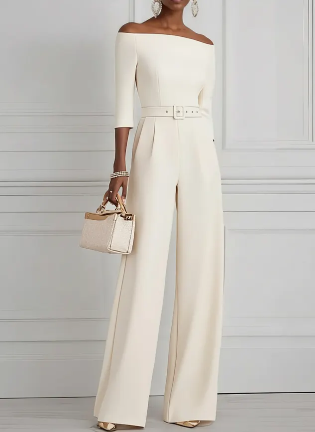 Women White Off The Shoulder Half Sleeve Dressy Jumpsuit With Pockets
