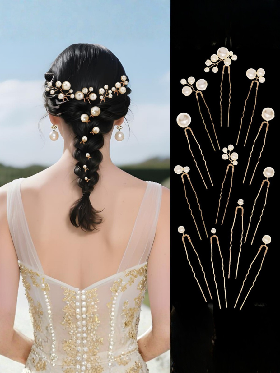 Bridal U-shaped Hairpin Set Updo And Braiding Hairpins 12-piece Handmade Pearl Hairpin Set U-shaped Fork - Golden