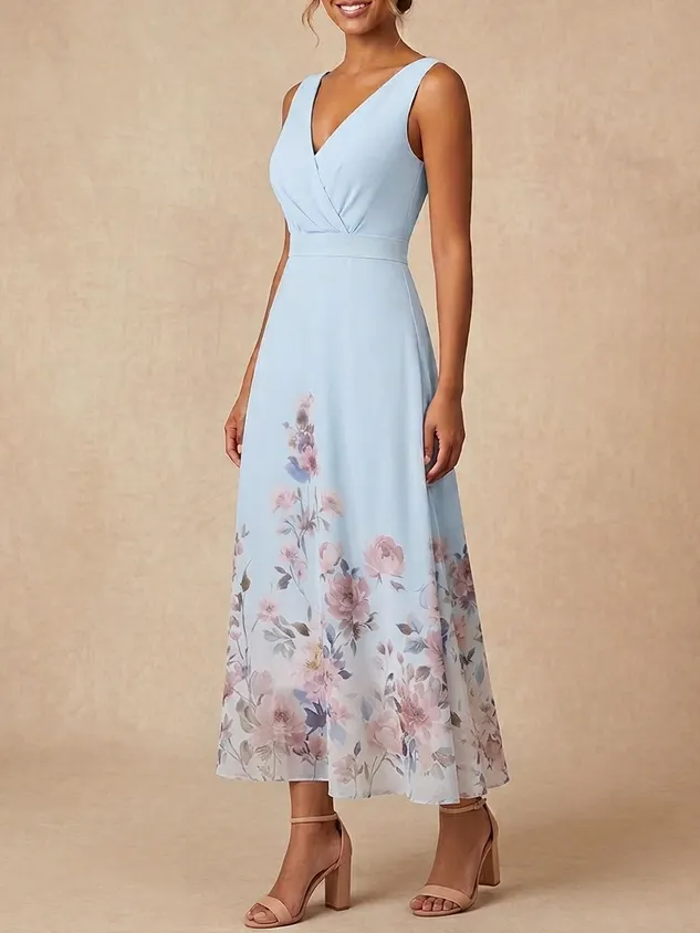 Elegant Pastel Blue Floral Bridesmaid Dress - A-Line V-Neck Floral Maxi Gown for Wedding Guest