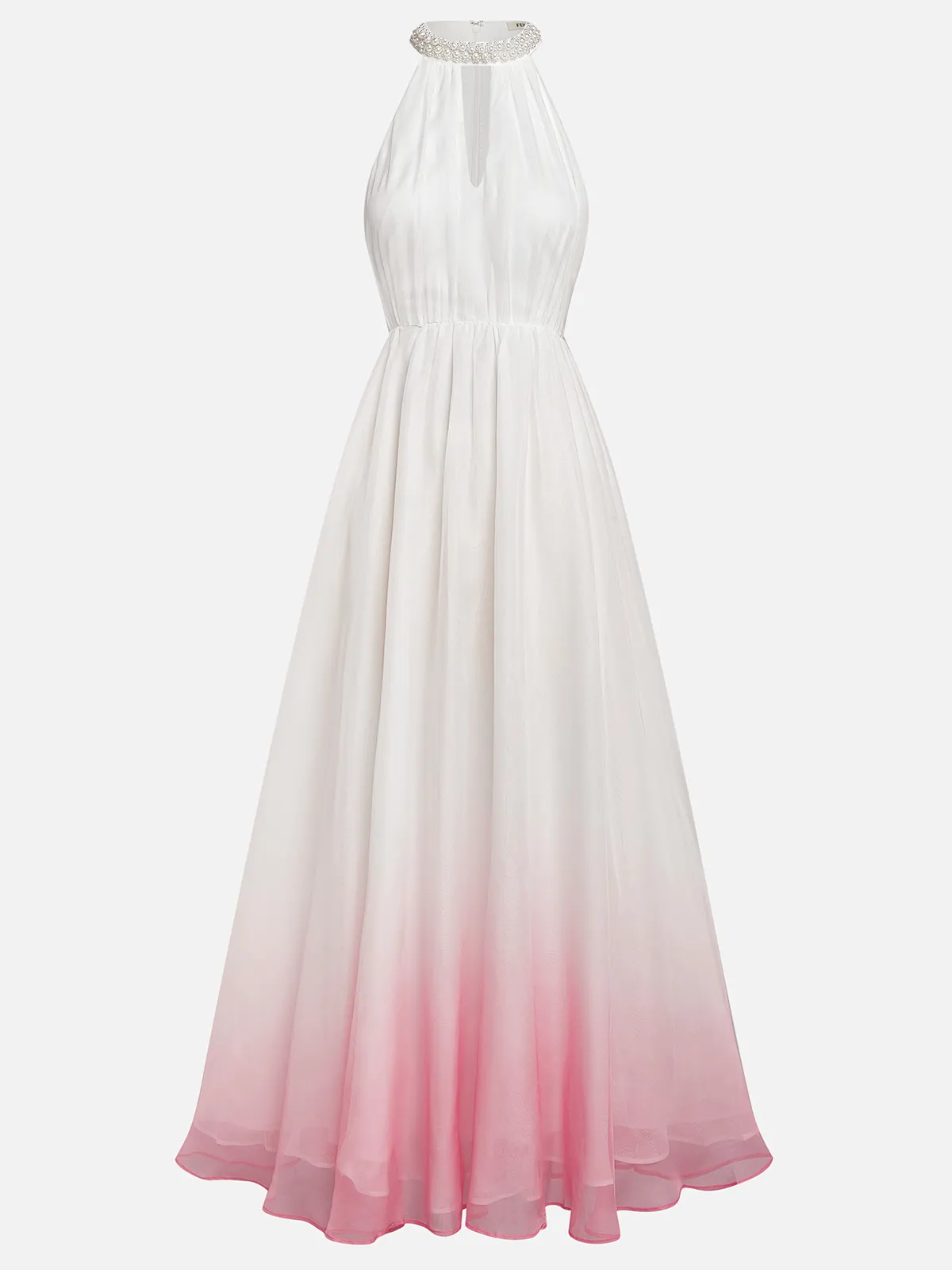 Pink Chiffon Halter Ombre Faux Pearl Cut Out Sleeveless A-Line Mock Neck Maxi Dress