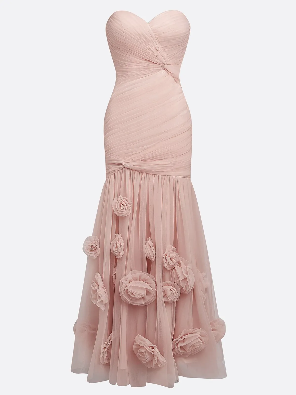 Pink 3D Floral Ruched Tulle Strapless Sleeveless Mermaid Gown Dress