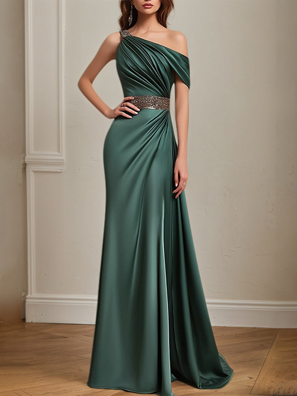 Formal Dress Green One Shoulder Rhinestone Waist Belt Floor Length Dress - Green