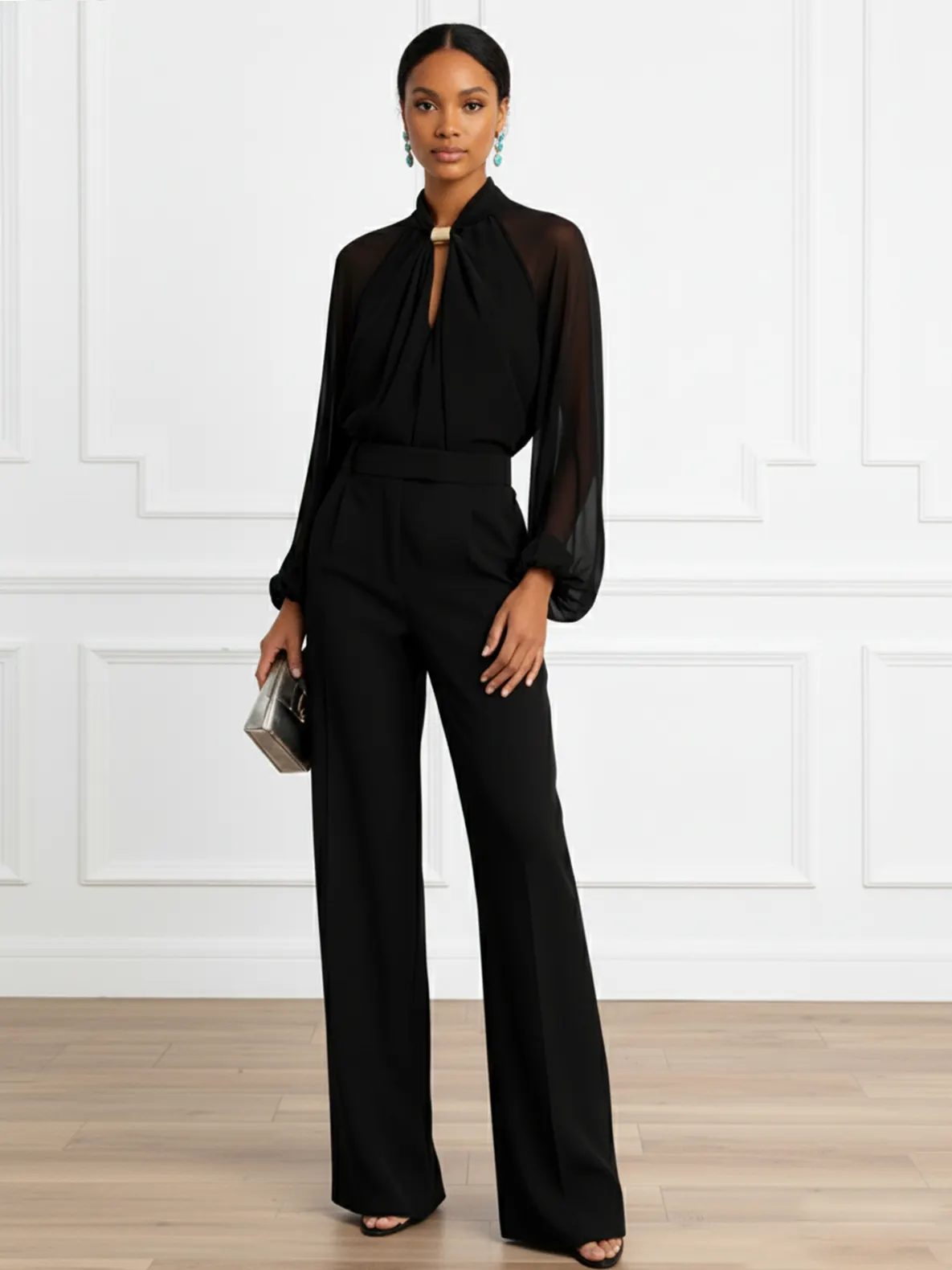 Women Black Metal Buckle Mock Neck Long Sleeve Balloon Sleeve Dressy Jumpsuit