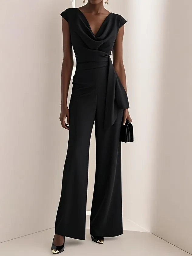 Women Green Ruched Cowl Neck Cap Sleeve Dressy Jumpsuit