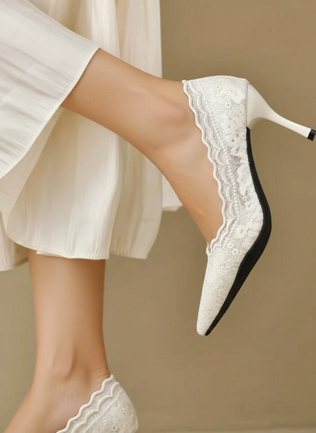 Elegant White Lace Mesh And Pearl-trimmed Pointed-toe Stiletto Heel Wedding Shoes
