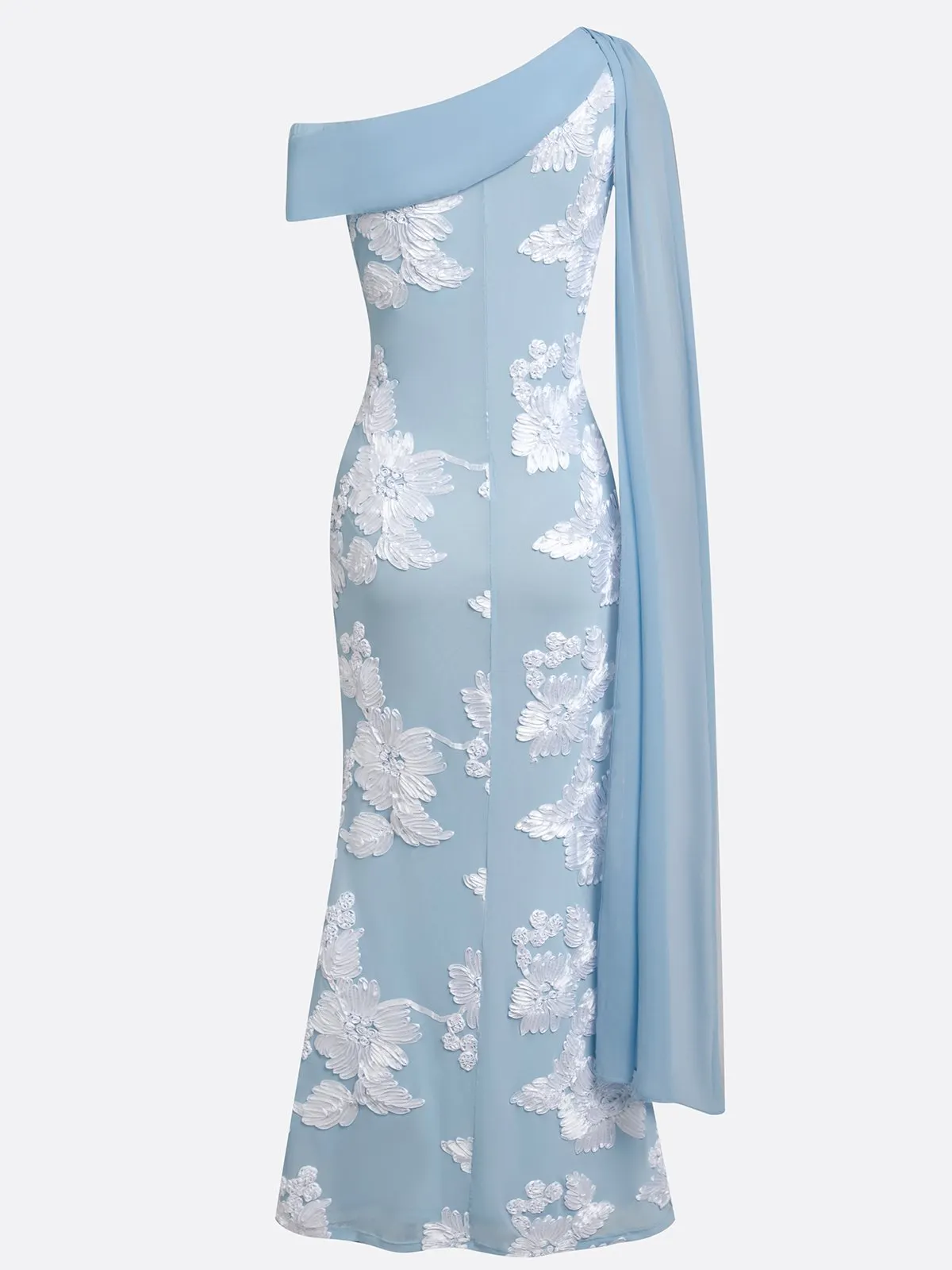 Light Blue One-Shoulder Cape Maxi Dress - Jacquard Mother of the Bride Gown