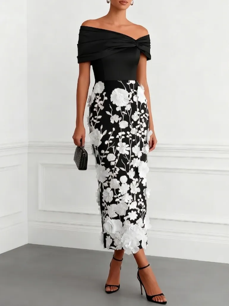 Black-white 3D Floral Applique Classic Off The Shoulder Short Sleeve Sheath Midi Dress - Black-white