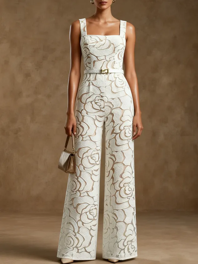 Women White Jacquard Square Neck Sleeveless Elegant Jumpsuit