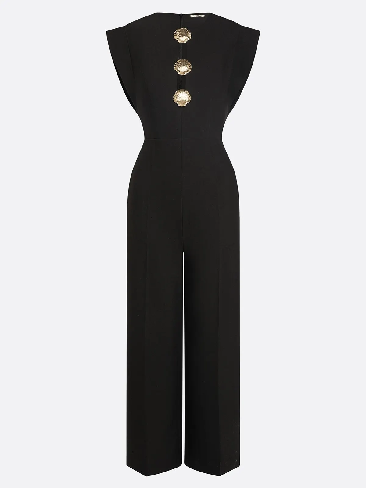 Women Black Buckle Hollow Out Crew Neck Cap Sleeve Dressy Jumpsuit