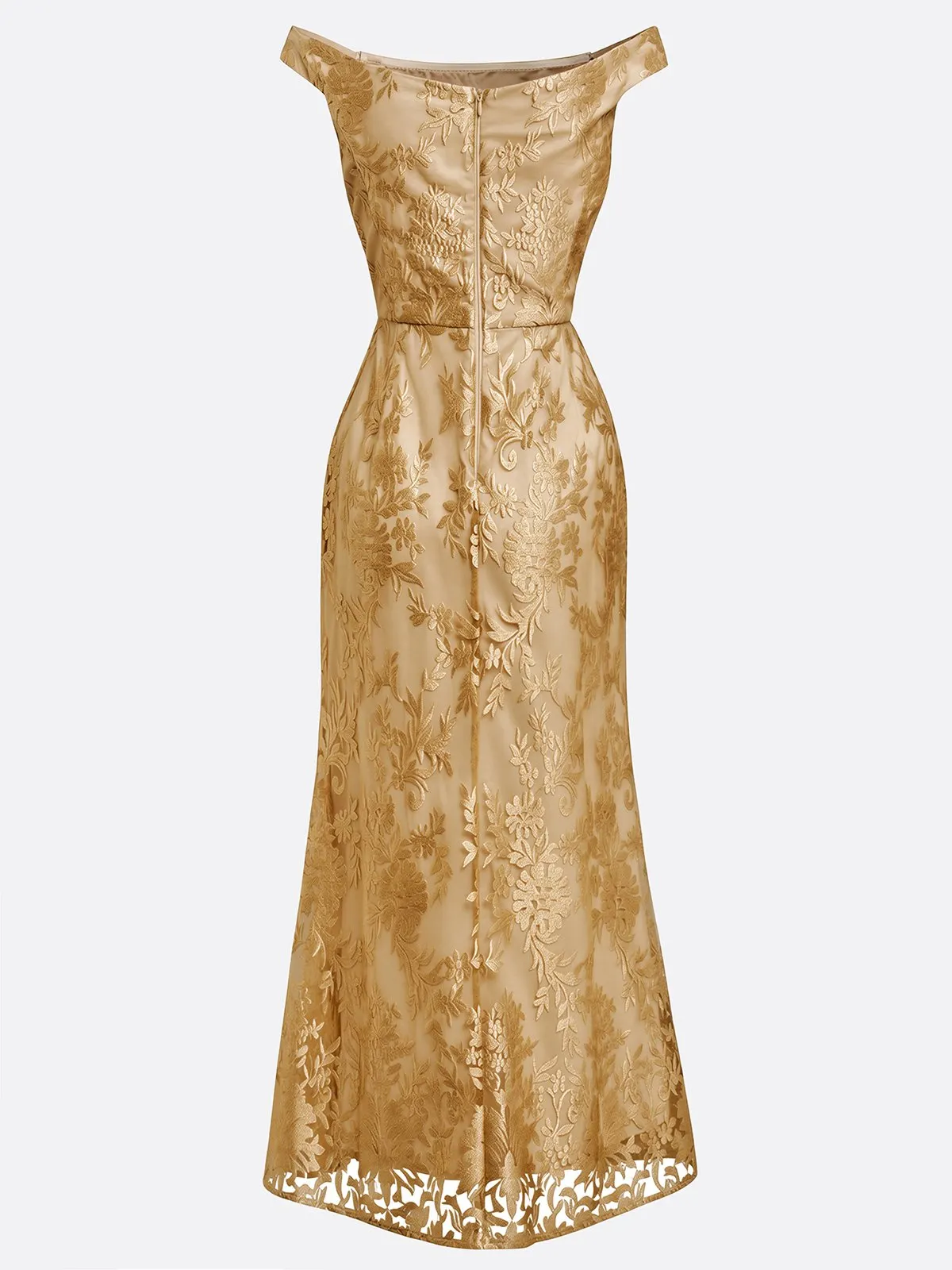 Champagne Jacquard Bone Lace Off The Shoulder Short Sleeve Mermaid Maxi Dress