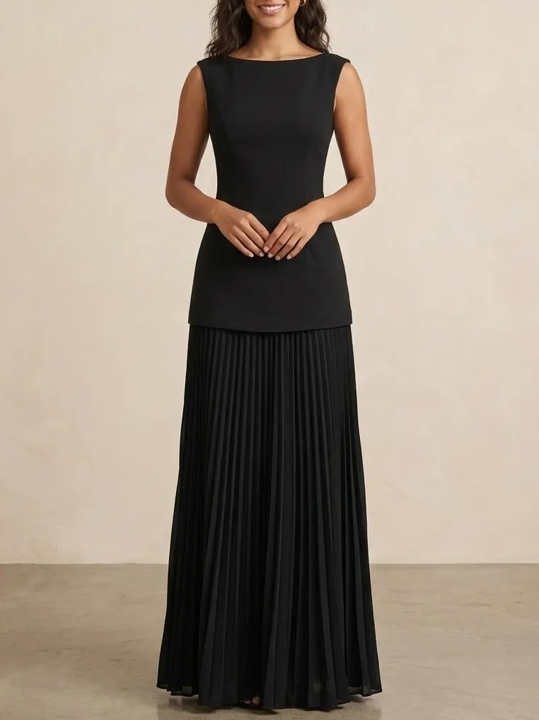 Black Pleated Maxi Boat Neck Sleeveless A-Line Bridesmaid Dress