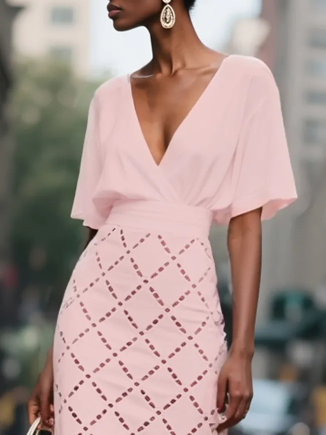 Pink Rayon Hollow Out Classic V Neck Short Sleeve Sheath Midi Dress - Pink