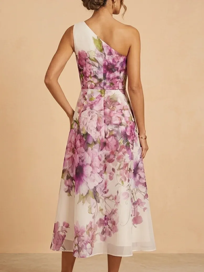 One-Shoulder Floral Midi Mother of the Bride Dress - Purple
