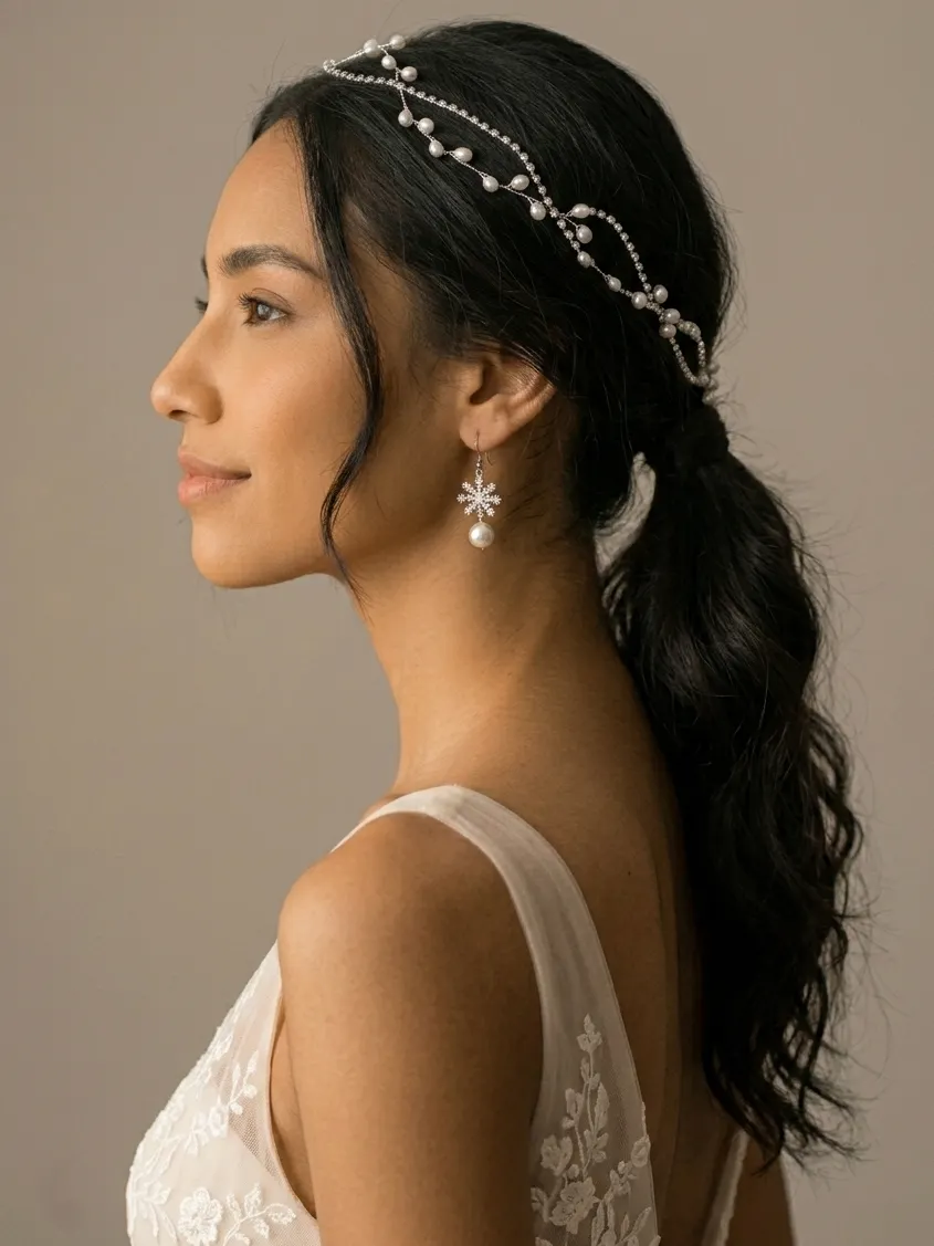 Sparkling Minimalist Electroplated Rhinestone Faux Pearl Chain Wedding Headpiece Headband