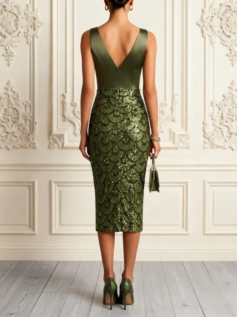 Army Green Glitter Sequin V Neck Sleeveless Sheath Midi Dress - Army Green
