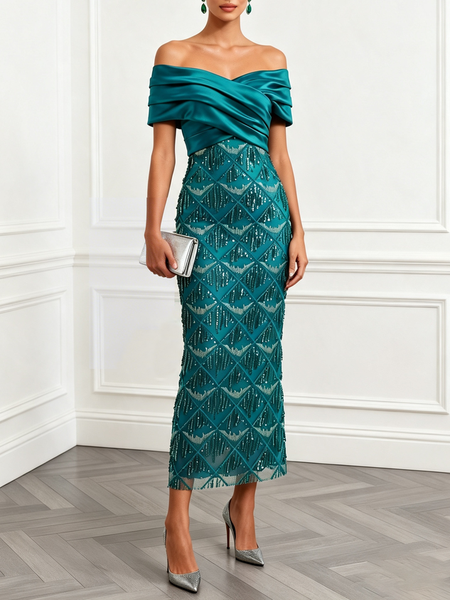 Cyan Tassel Cross Sequin Off The Shoulder Short Sleeve Sheath Midi Dress