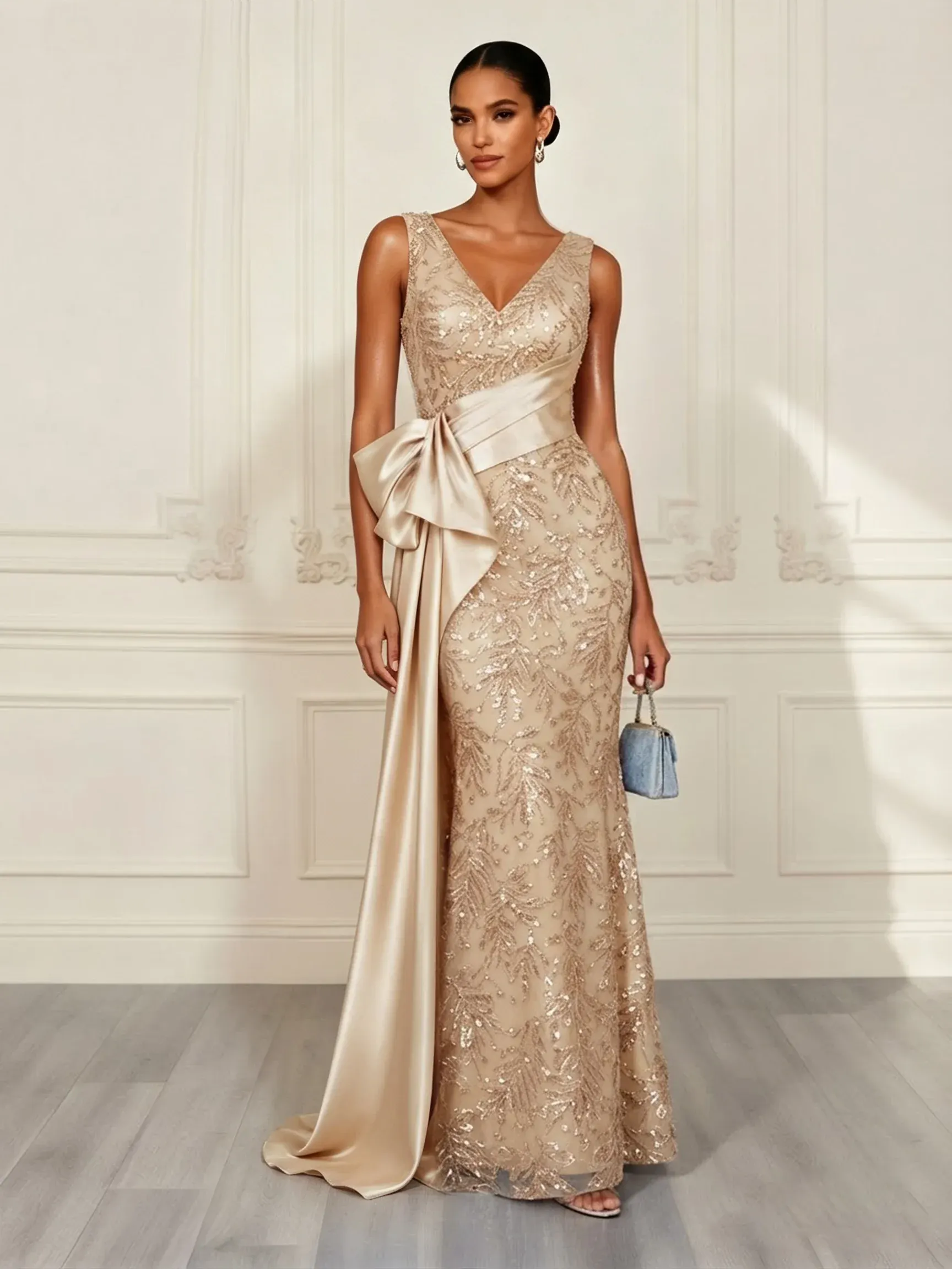 Champagne Lace V Neck Sleeveless Mermaid Gown Dress