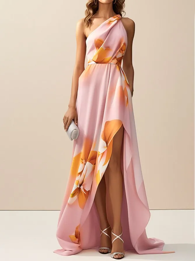 Pink Asymmetric Floral Classic One Shoulder Sleeveless A-Line Maxi Dress - Pink
