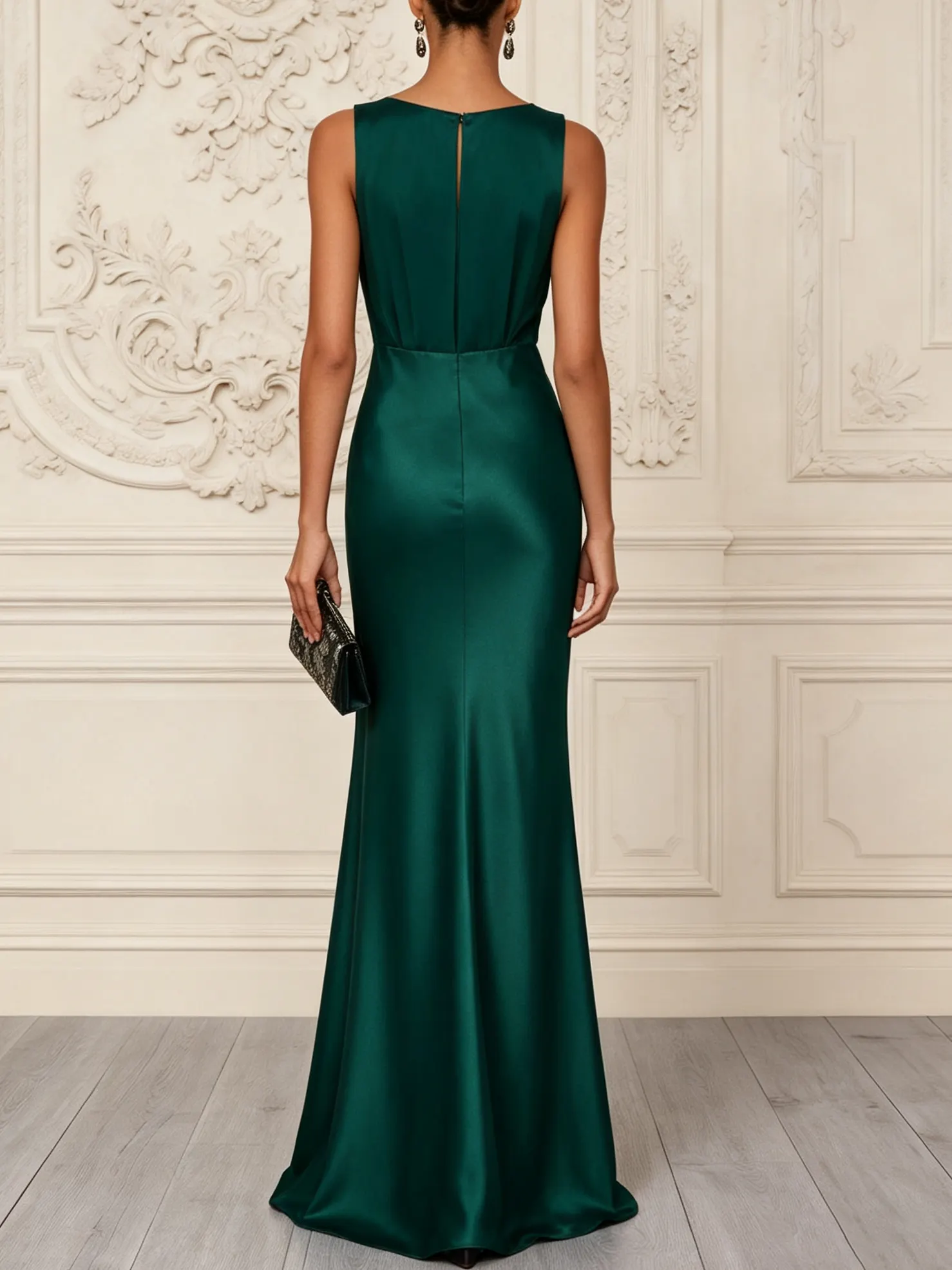 Deep Green Satin Crew Neck Sleeveless Mermaid Gown Dress - Deep Green