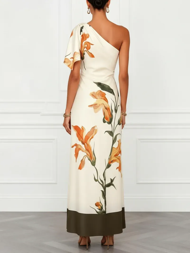 Off White Floral Peplum Satin One Shoulder Sleeveless A-Line Maxi Dress - Off White