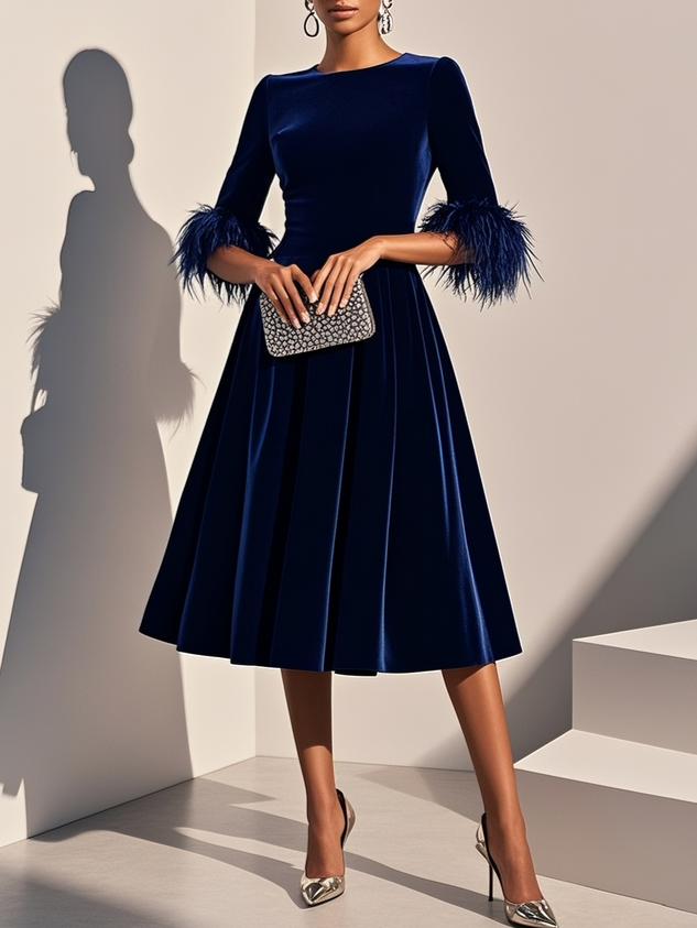 Purplish blue Feather-trimmed Velvet Crew Neck Half Sleeve A-Line Midi Dress
