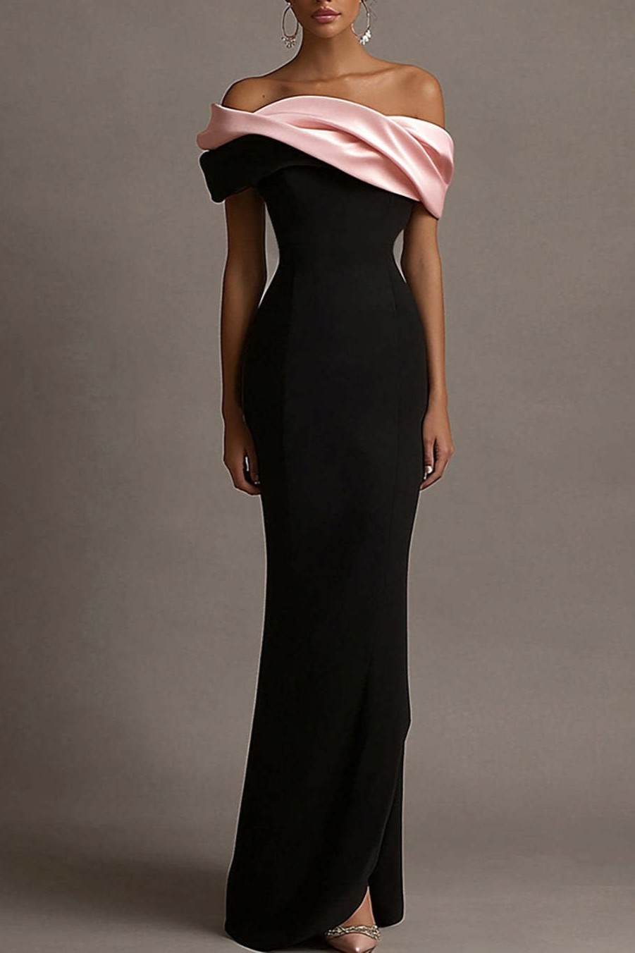 Black and Pink Off the Shoulder Sheath Satin Maxi Evening Dress - Black and Pink