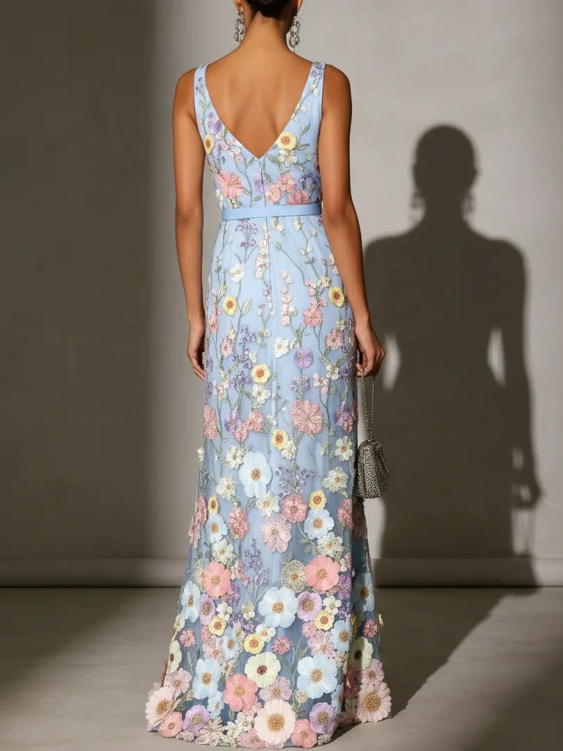 Light Blue Floral Appliqué Embroidered Classic V Neck Sleeveless A-Line Floor-length Gown Dress