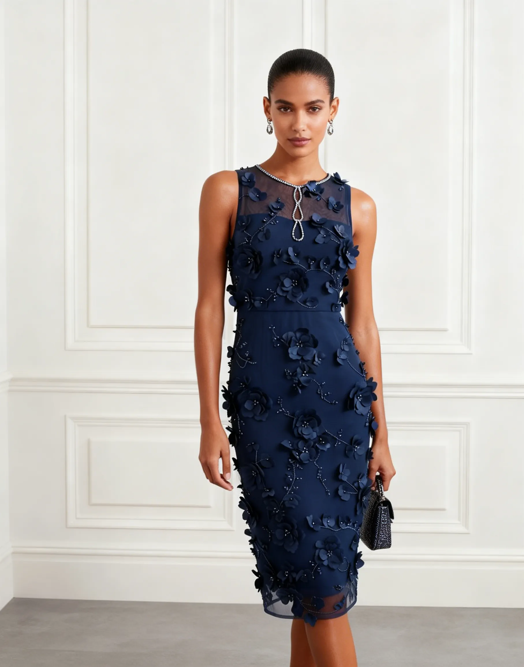 Navy Blue 3D Floral Appliqué Rhinestone Classic Boat Neck Sleeveless Sheath Midi Dress