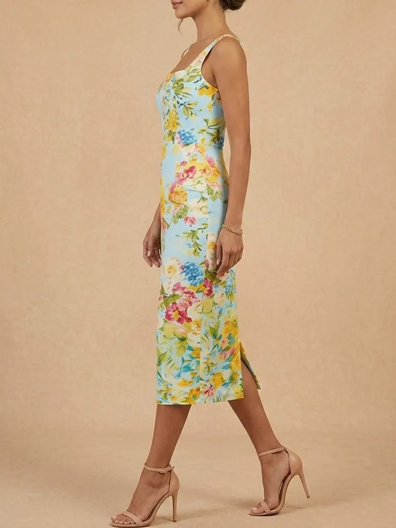 Floral Print Square Neck Midi Dress - Sophisticated Mother of the Bride & Groom Sheath Dress