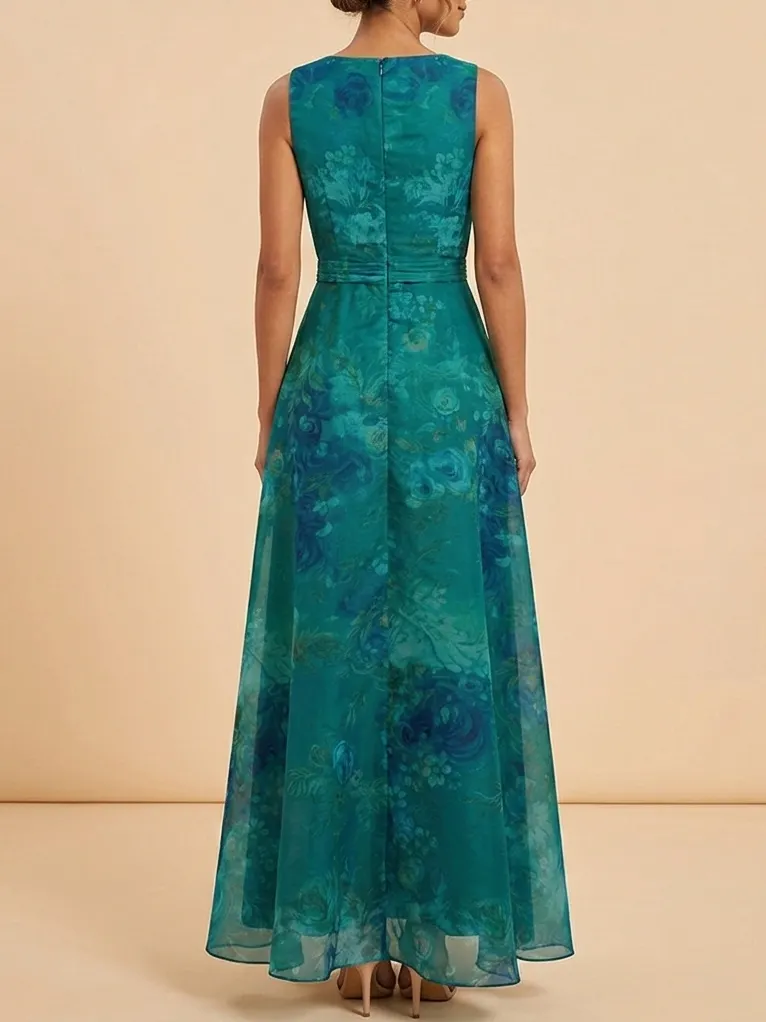 Elegant V-Neck Floral Maxi Dress - Chiffon Mother of the Bride Gown with Pleated Bodice - Green