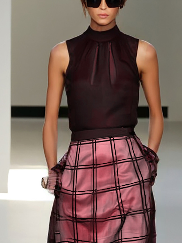 Wine Red Organza Plaid Classic Mock Neck Sleeveless A-Line Midi Dress