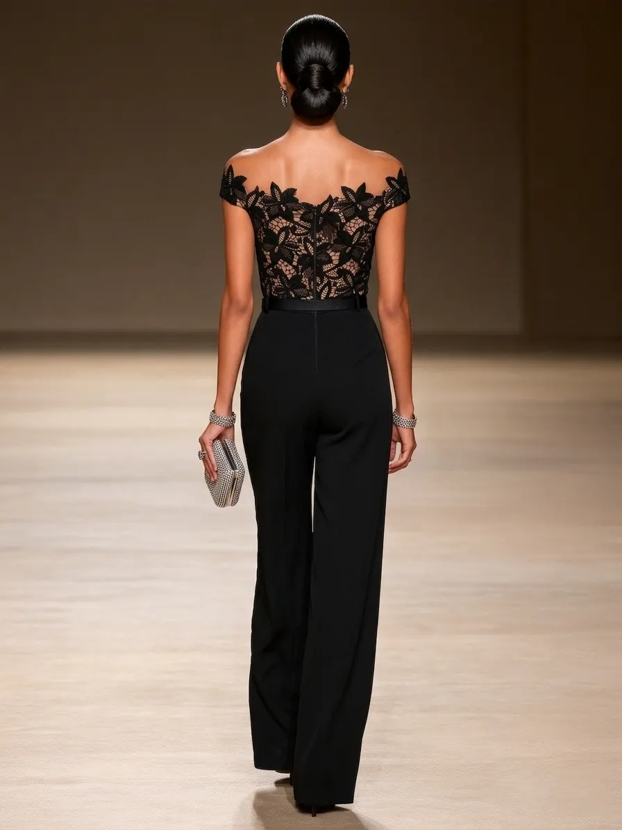 Women Black Lace Off The Shoulder Short Sleeve Dressy Jumpsuit