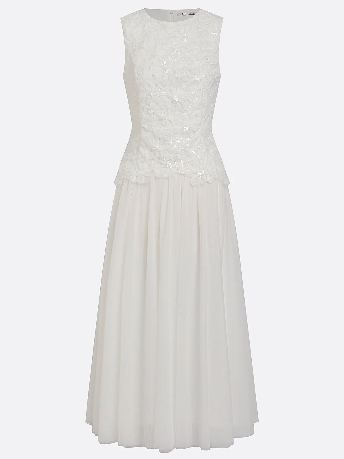 White Lace Classic Crew Neck Sleeveless A-Line Maxi Dress