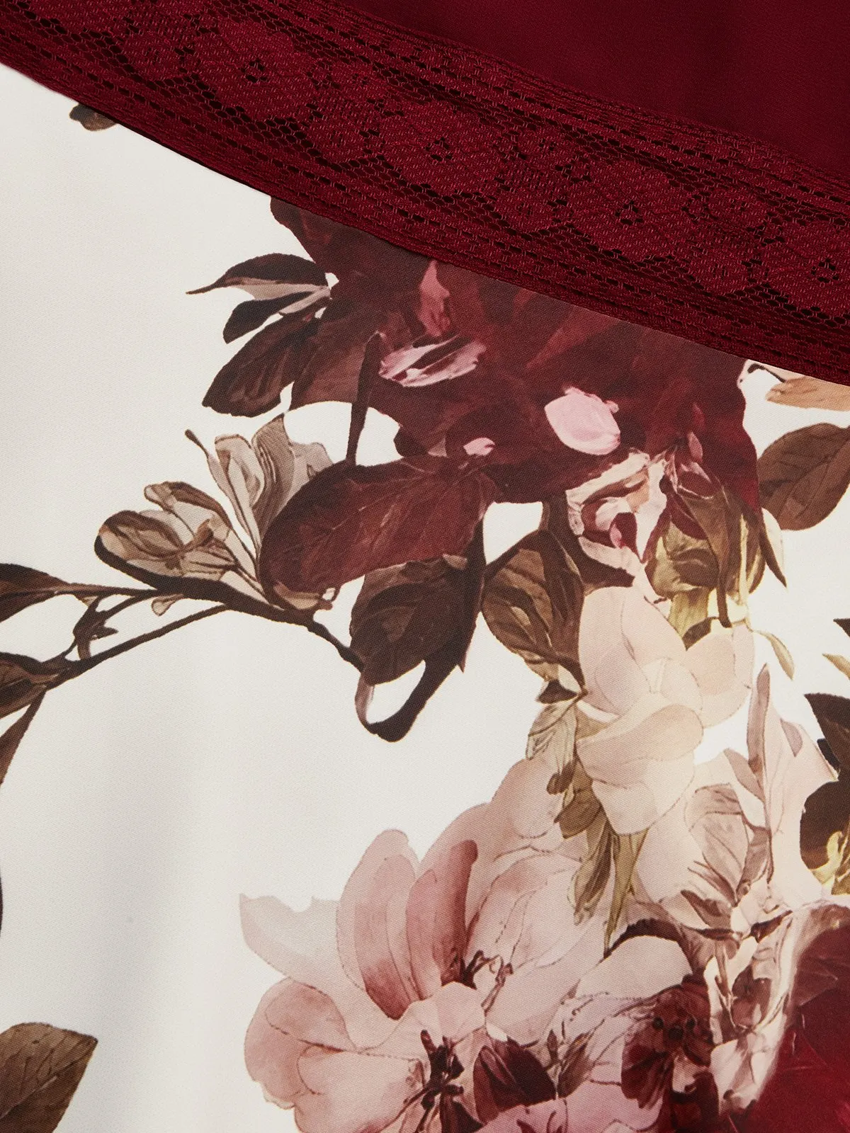 Wine Red Lace Floral Satin V Neck Short Sleeve A-Line Gown Dress