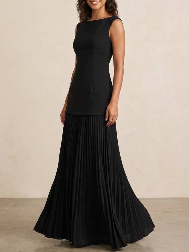 Black Pleated Maxi Boat Neck Sleeveless A-Line Bridesmaid Dress