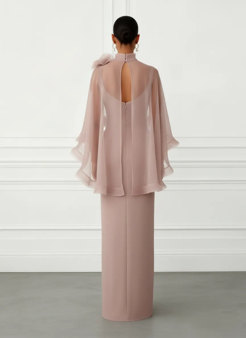 Nude Pink 3D Floral Mesh Classic Mock Neck Half Sleeve Sheath Floor-length Gown Dress